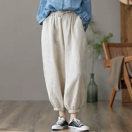 dza 高腰显瘦白色宽松阔腿亚麻裤子女士春季新款九分休闲棉麻女裤图片