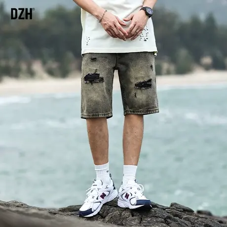 牛仔短裤男士夏季黄泥破洞牛仔裤男款裤子男美式高街中裤五分裤男商品大图