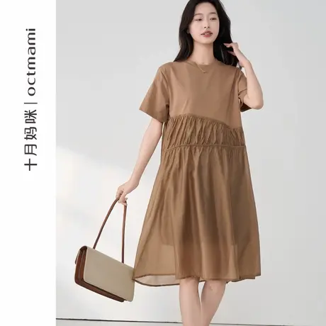 十月妈咪孕妇连衣裙2025新款夏季薄款宽松小个子不规则拼接短袖裙图片