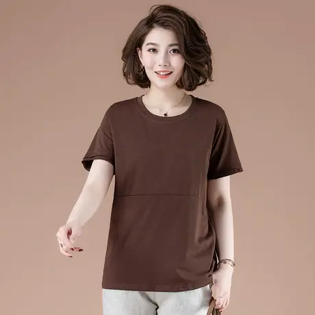 夏季加肥加大码女装宽松纯棉圆领体恤衫中年妈妈遮肚显瘦短袖T恤商品大图