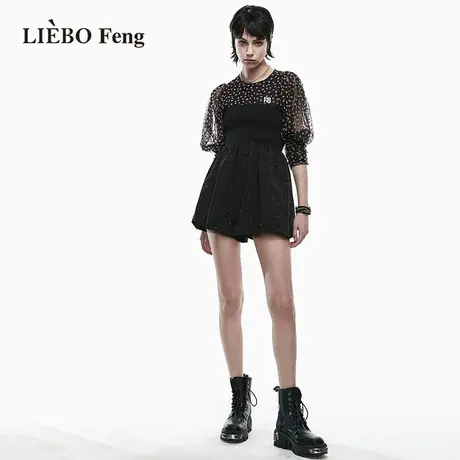 裂帛LIEBOFeng商场同款2023年夏新国潮设计师黑色阔腿连身裤短裤图片