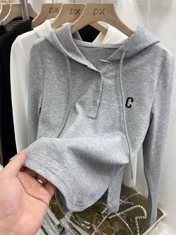 欧货开叉字母刺绣连帽衫卫衣女2022春秋新款休闲洋气长袖T恤上衣图片