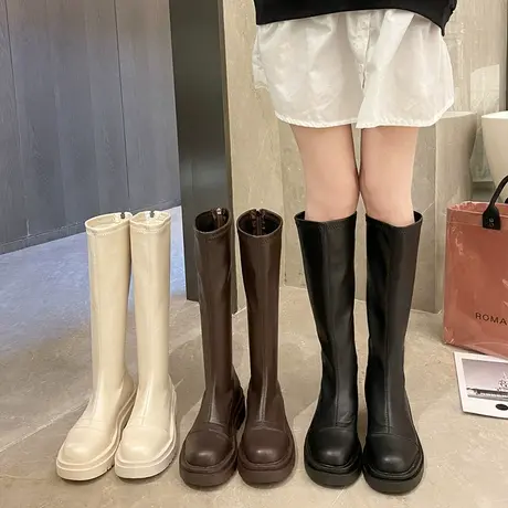 白色长筒靴女2023新款秋冬加绒单靴小个子长靴厚底显瘦高筒骑士靴商品大图