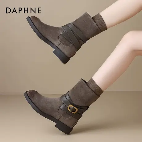 达芙妮复古美拉德短靴子女夏2025新款高级感绒面瘦瘦靴平底马丁靴商品大图