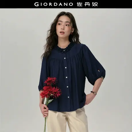 设计师款佐丹奴竖条纹衬衫女新款肌理感花边立领法式衬衫18345216商品大图