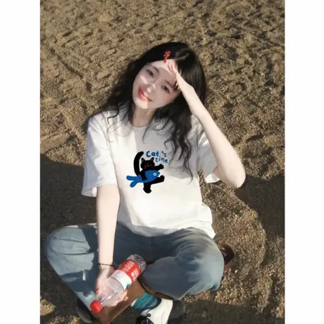 落肩可爱猫咪印花短袖t恤女夏季2025重磅宽松纯棉白色百搭上衣ins商品大图