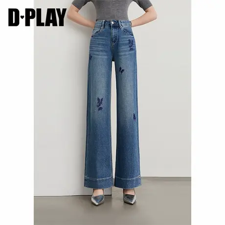 DPLAY2025年秋季新款蓝色牛仔裤女宽松烫钻蝴蝶闪钻阔腿裤子长裤图片