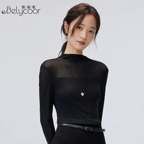黑色网纱打底衫女春秋半高领蕾丝内搭修身t恤洋气设计感微透上衣图片