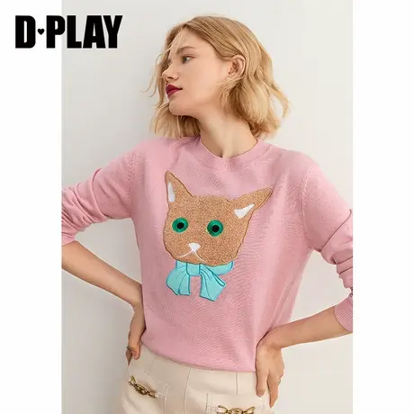 DPLAY【黑标】秋新甜美粉色针织上衣定制猫咪图案高含毛毛衣商品大图