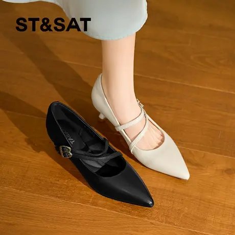 星期六2026新款巨好看真皮百搭尖头玛丽珍鞋女春一字扣细跟高跟鞋商品大图