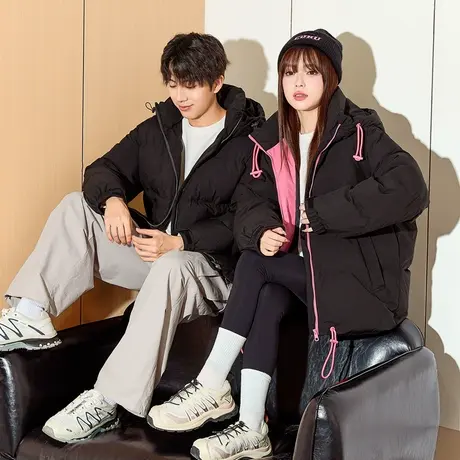 唐狮冬季新款情侣装羽绒服男女连帽撞色拼接短款面包服潮外套TD商品大图