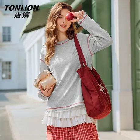 唐狮官方撞色长袖t恤女2026新款春季大码胖mm打底衫可外穿上衣VC图片