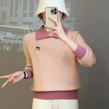 洋气减龄文艺范拼色方领针织套头毛衣女新款2023秋冬保暖外搭上衣图片