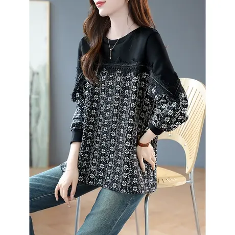 宝诗黎圆领印花钉珠拼接卫衣2023春秋季新款棉质宽松上衣休闲女装商品大图