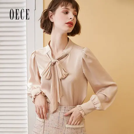 Oece秋冬新款女装 复古系带气质长袖雪纺衬衫通勤衬衫上衣图片