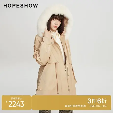 红袖outlets抽绳拉链狐狸毛领外套hopeshow2023冬加厚保暖派克服图片