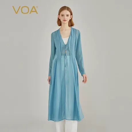 VOA冰蓝轻盈乔其纯桑蚕丝立体活页装饰绑带长袖宽松温柔真丝开衫商品大图
