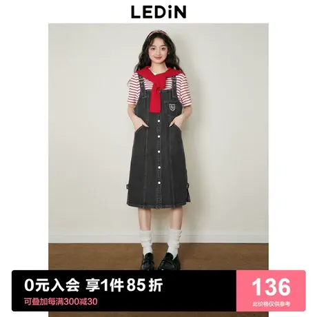 乐町复古牛仔连衣裙2023春季甜美中长背带裙宽松开叉减龄裙子图片
