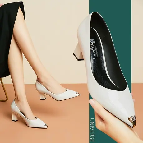 白色鞋子女春秋单鞋里外全皮粗跟高跟尖头浅口小众优雅气质女皮鞋商品大图