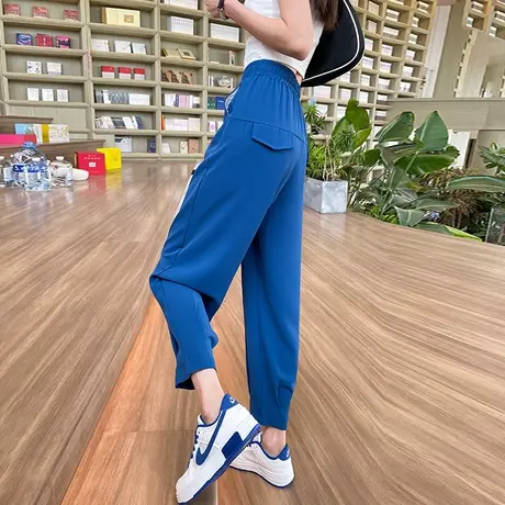 蓝色冰丝休闲裤女夏季薄款小个子九分裤子高腰宽松西装哈伦萝卜裤商品大图