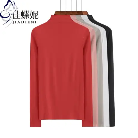 秋冬新款韩版半高领纯棉修身长袖体恤打底衫红色流行上衣女装T恤商品大图