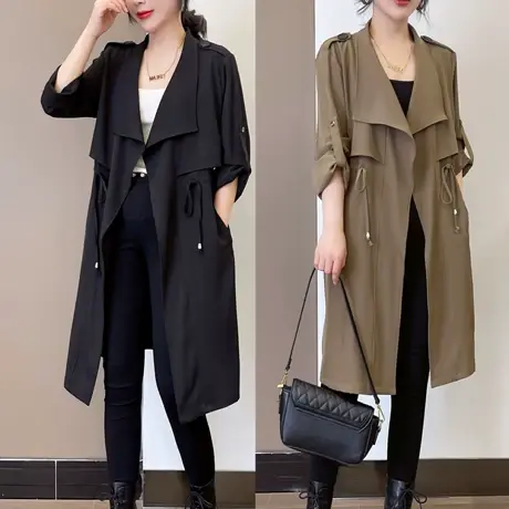 早秋外套女装2023年春秋季新款英伦风宽松收腰中长款垂感休闲风衣图片