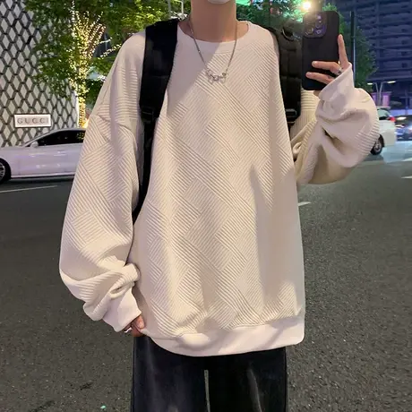 提花卫衣男春秋季圆领宽松纯色内搭打底衫美式潮牌无帽外套上衣服商品大图