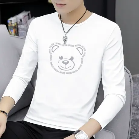 莫代尔长袖t恤男2023新款秋季上衣服潮流白色内搭打底衫小熊体恤商品大图