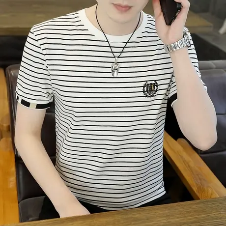 条纹t恤男士ins潮牌短袖夏季2023年新款宽松圆领半袖潮流体恤上衣商品大图