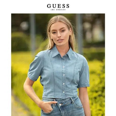 GUESS女复古短款收腰牛仔衬衫外套设计感小众上衣-YN2D6254商品大图