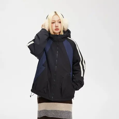 美式潮牌拼接连帽棉服女加厚冬季外套2023年新款复古宽松保暖棉衣商品大图