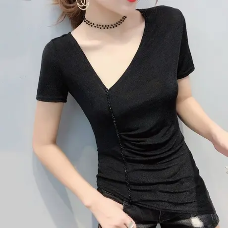 时尚不规则上衣女装2023新款潮欧货重工钉珠T恤女短袖夏气质小衫商品大图