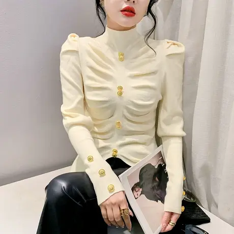 秋冬款时尚高领毛衣长袖设计感泡泡袖纽扣上衣洋气修身套头针织衫商品大图