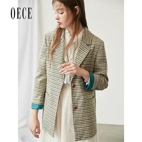 Oece春装新款元气复古格帅气优雅英伦翻领格纹西装外套商品大图
