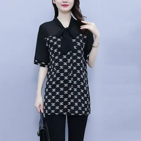 大码女装中长款2023夏季新款宽松遮肚子显瘦短袖雪纺印花上衣衬衫商品大图