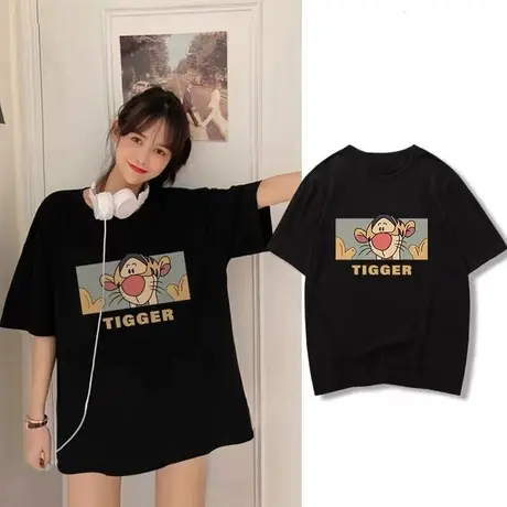 黑色宽松纯棉短袖T恤女2023年夏季新款oversize时尚半袖上衣ins潮商品大图