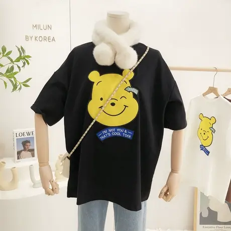 2022早春新款韩国东大门小熊短袖秋冬款磨毛绒加厚T恤打底衫大码图片