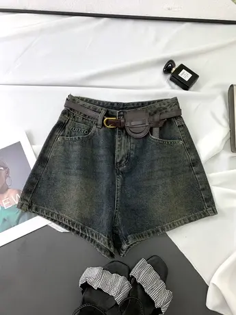 复古做旧腰包牛仔短裤女2023秋季新款显瘦百搭高腰裤气质a字短裤商品大图
