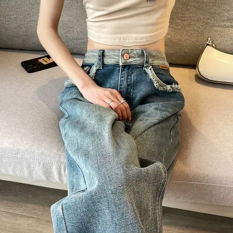 老爹牛仔裤女春秋2024年新款高腰直筒宽松显瘦做旧复古九分哈伦裤图片