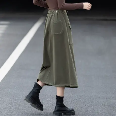 军绿色半身裙春秋2024新款a字牛仔裙文艺日系裙子工装裙女士长裙图片
