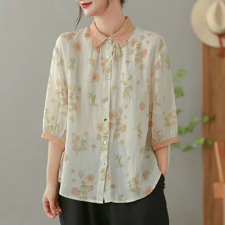 dza 复古扎染印花苎麻衬衫女2023夏薄款翻领衬衣宽松棉麻开衫上衣图片