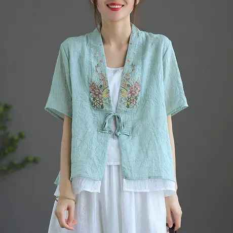 dza 文艺绣花假两件棉麻上衣短款防晒外套女士2022夏季新薄款亚麻图片