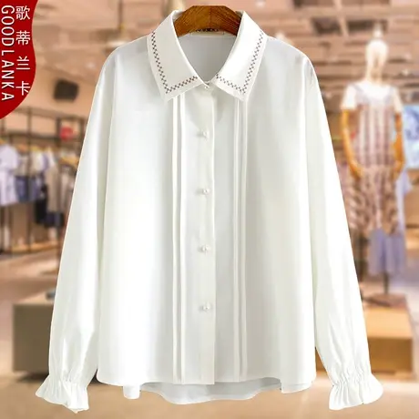 加肥加大码中年妈妈秋装衬衣宽松洋气时尚褶皱刺绣女士长袖白衬衫商品大图