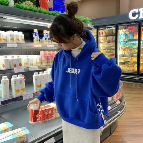 cec卫衣女连帽秋冬宽松韩版学生百搭加绒加厚mschf外套丧系衣服女图片