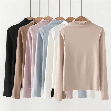 木耳边半高领打底衫女秋冬2020新款韩版百搭修身薄款春季长袖上衣图片