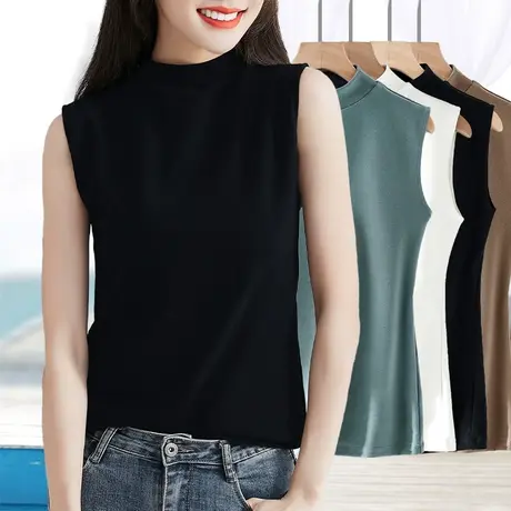 秋冬加厚保暖内搭黑色纯棉宽肩中立半高领砍坎无袖背心打底衫女图片