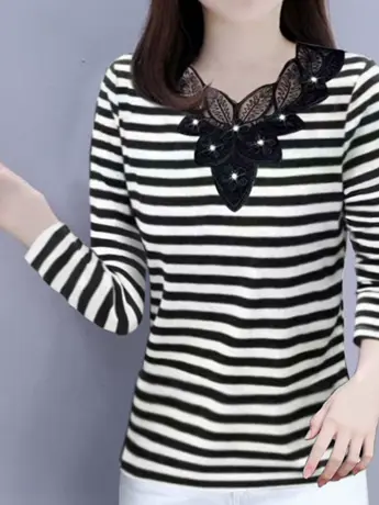 妈妈春装上衣棉条纹长袖t恤女中老年大码洋气春秋内搭v领打底衫商品大图