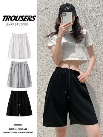 黑色运动短裤女夏宽松高腰薄款直筒显瘦中裤休闲阔腿5五分裤夏季图片