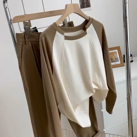撞色插肩长袖T恤女秋季宽松显瘦洋气减龄韩版打底衫学生套头上衣商品大图