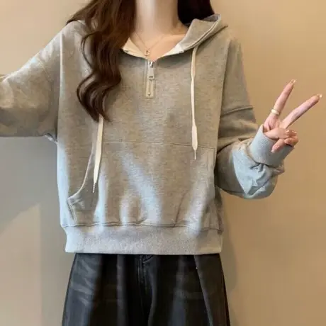 hiphop潮牌连帽卫衣女薄款春秋装宽松显瘦半拉链设计感小众上衣服商品大图